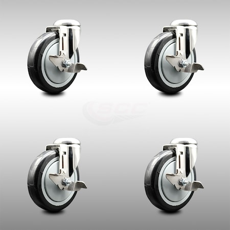 Service Caster 5 Inch 316SS Black Polyurethane Wheel Swivel Bolt Hole Caster Set with Brake SCC SCC-SS316BH20S514-PPUB-BLK-TLB-4